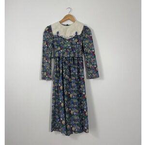 Vintage Floral Prairie Dress Kids Size 10 Green Purple Lace Collar Rosettes